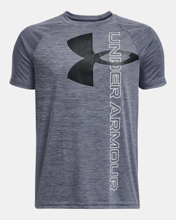 Boys' UA Tech™ Split Logo Hybrid Short Sleeve in Gray image number 0